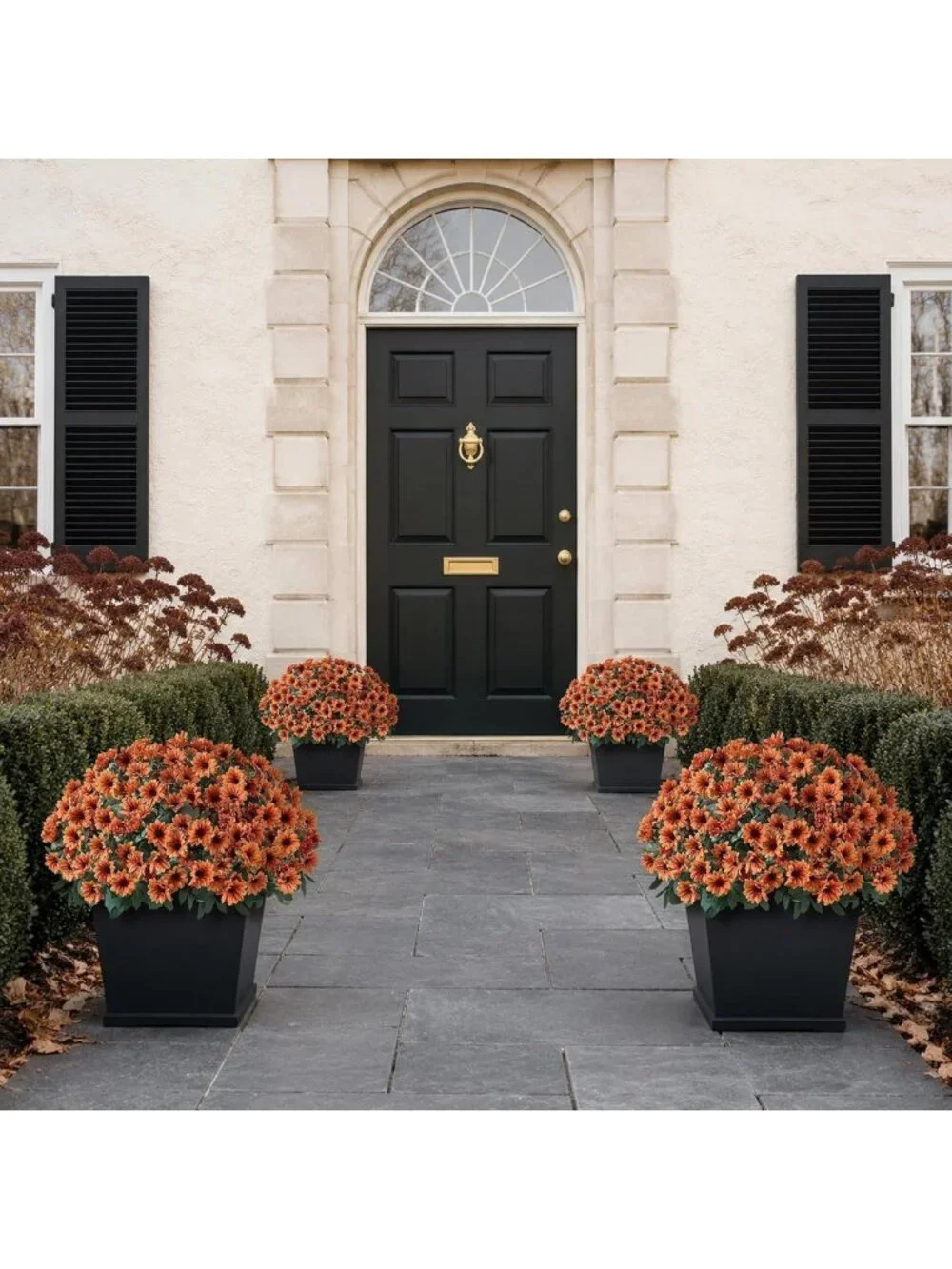 Set of 2 Fall Daisy Topiary Ball Trees - Vibrant Orange Fake Mums for Porch